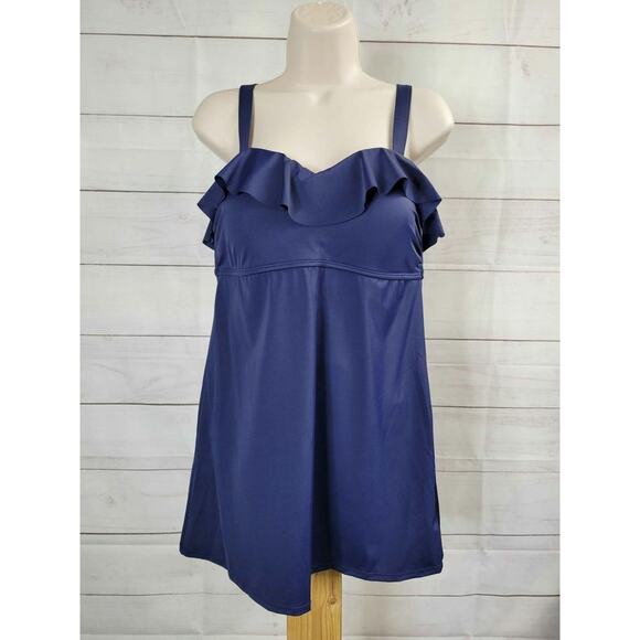 10R NAVY A392823 Denim & Co. Beach Ruffle Neckline Swim Dress - Picture 2 of 2